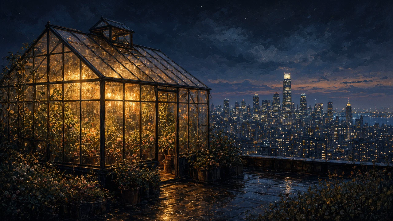 屋上の温室夜