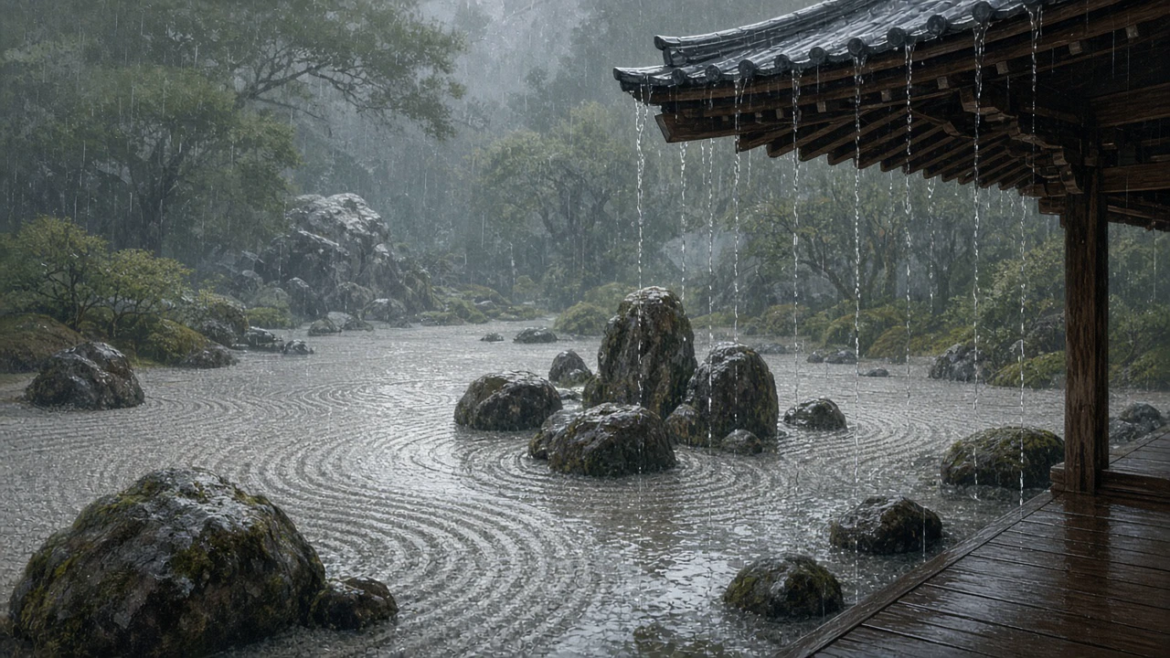 寺の枯山水雨