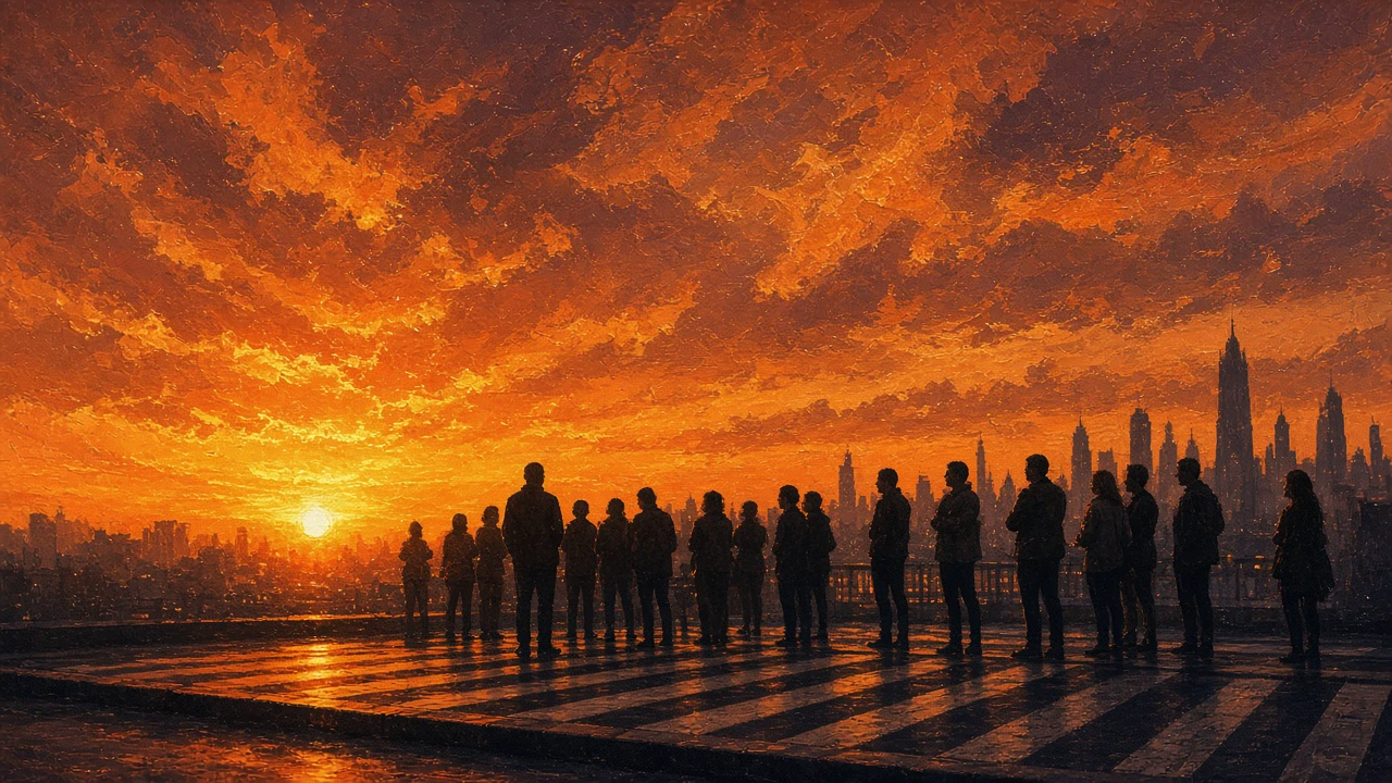 夕焼けの屋上の人影