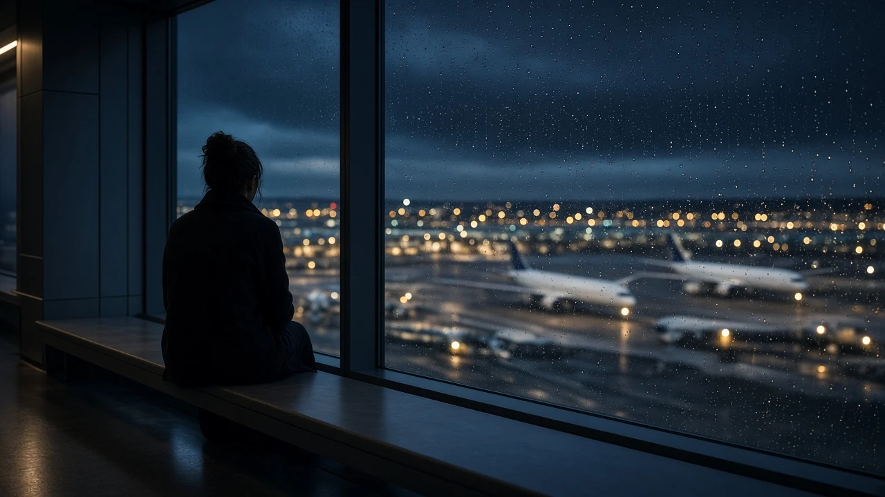 空港の窓辺の人影