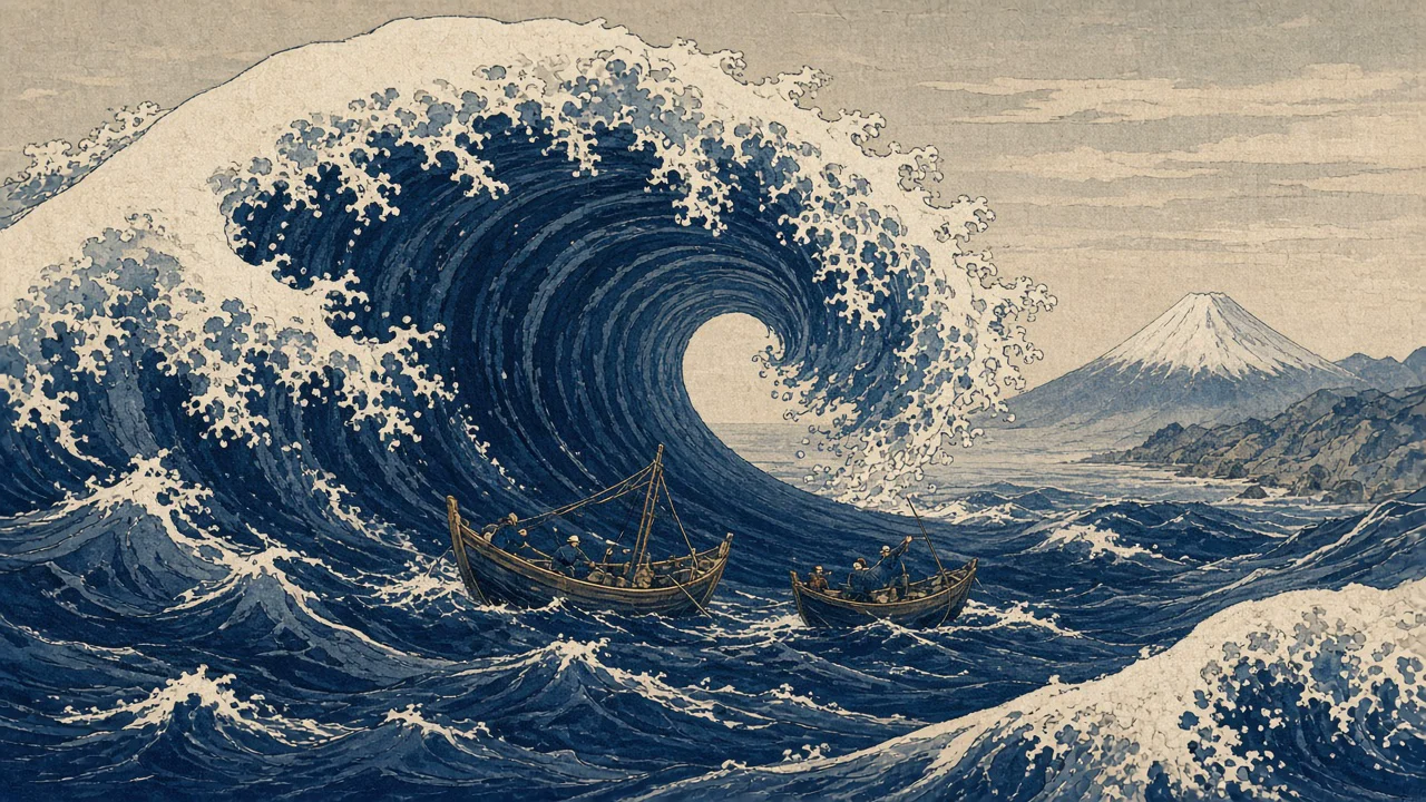浮世絵風の大波と漁船