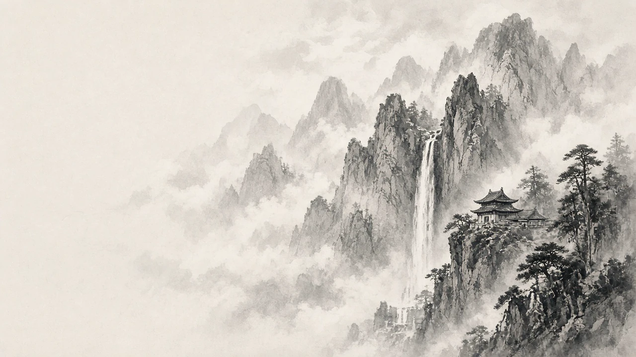 水墨の山寺と滝