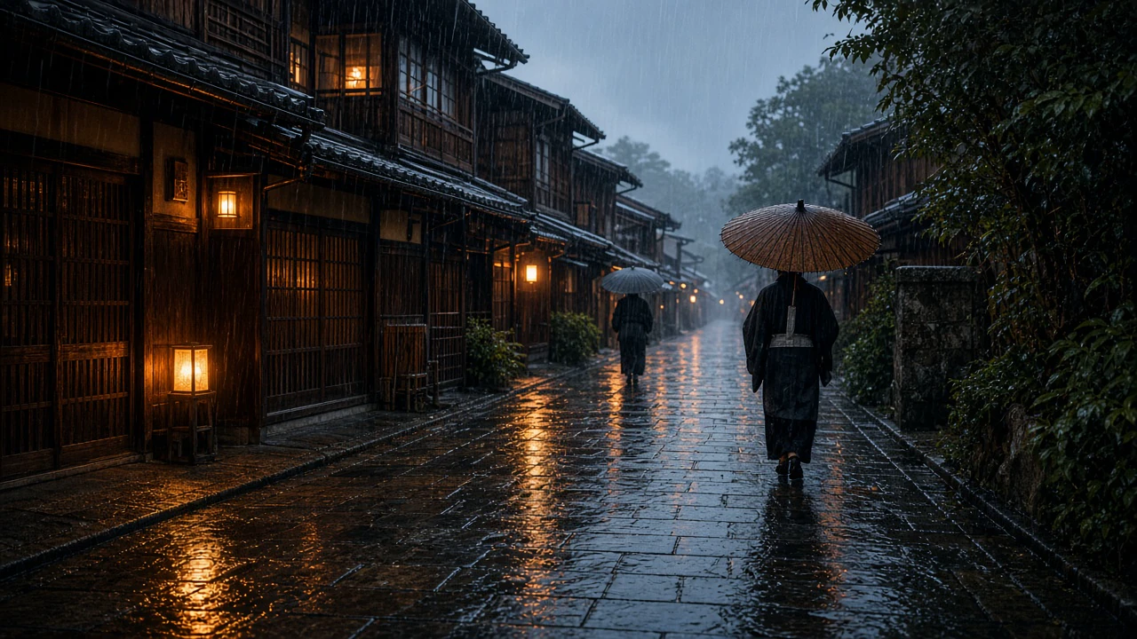雨の京都の石畳