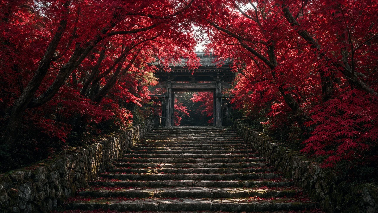 燃える紅葉の参道