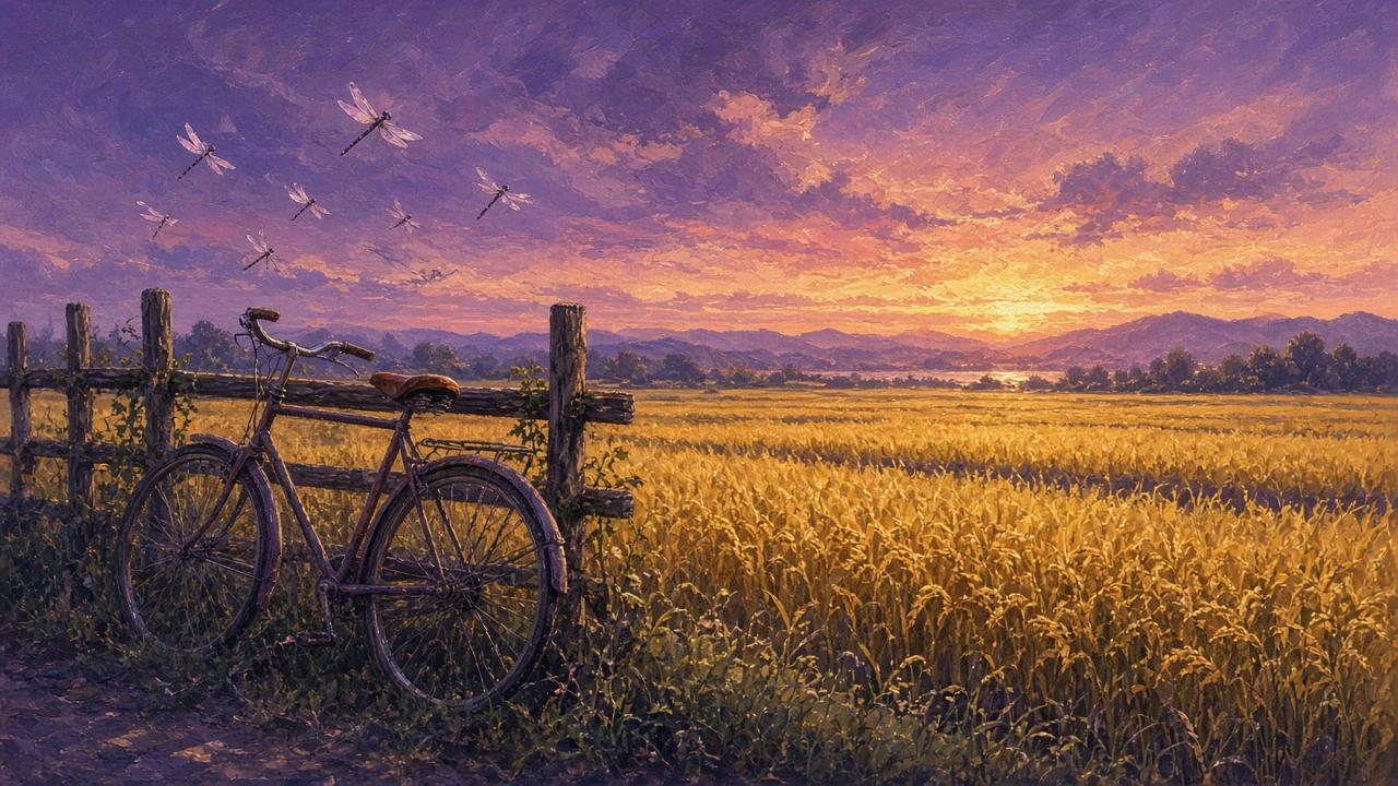 黄昏の田園と自転車