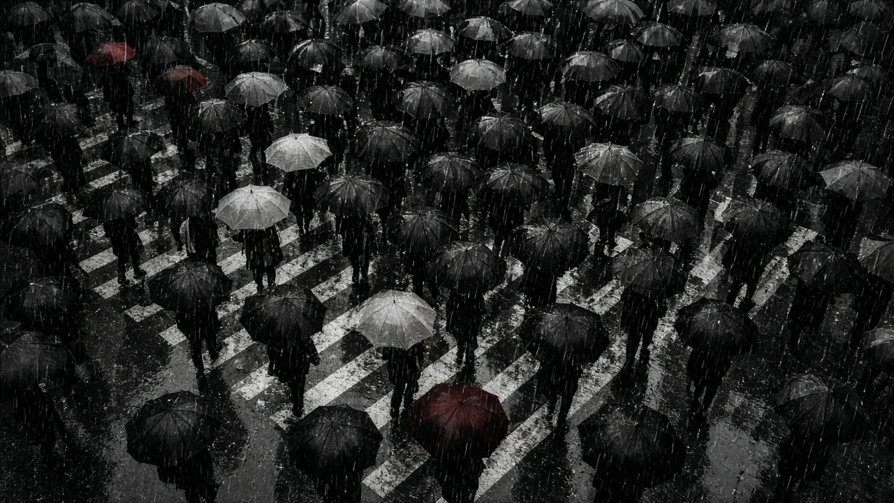 モノクロの雨の交差点
