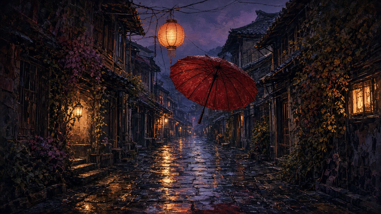 赤い傘と提灯の路地