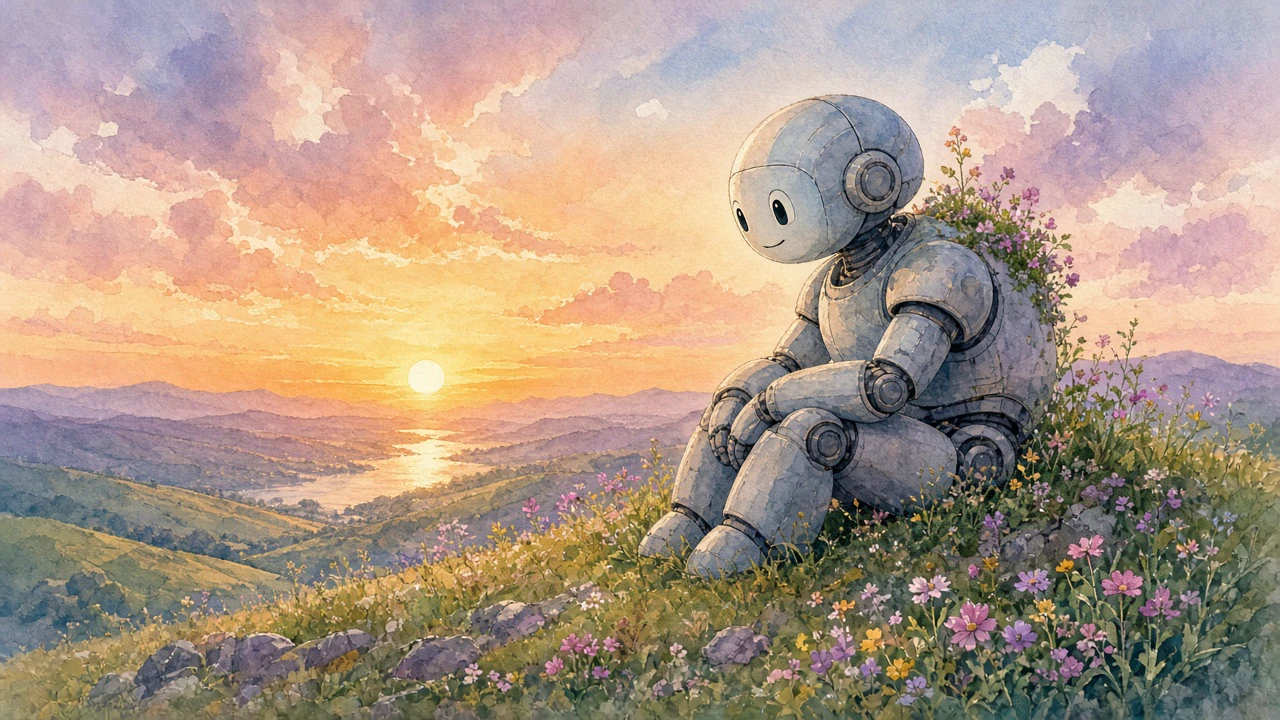 花咲くロボットと夕陽