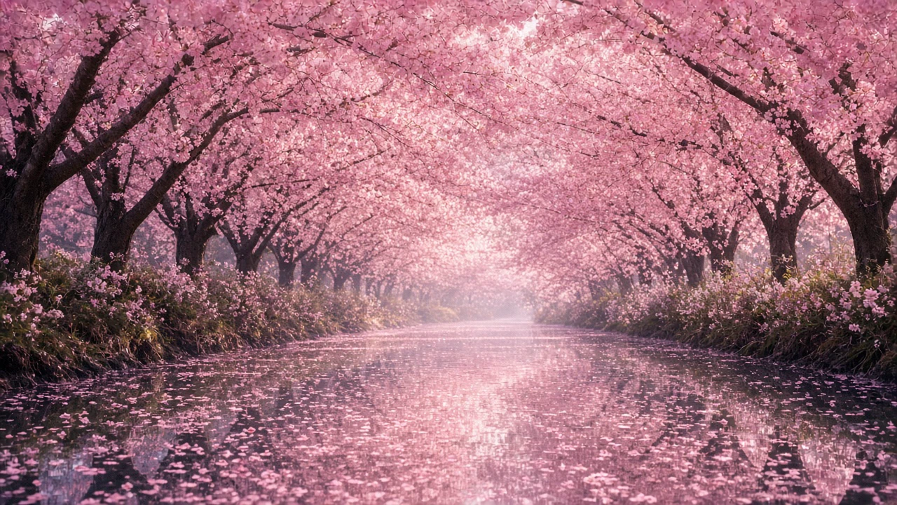 桜のトンネルと花筏