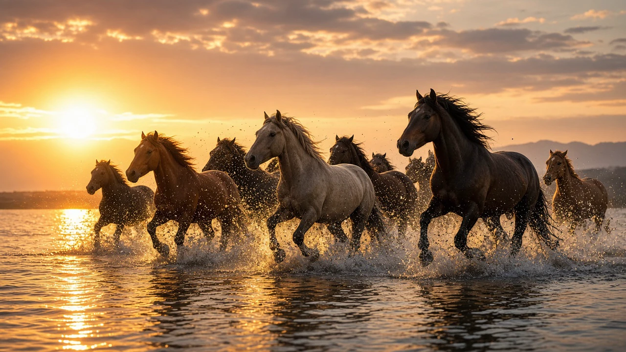 水を蹴る野生馬の群れ