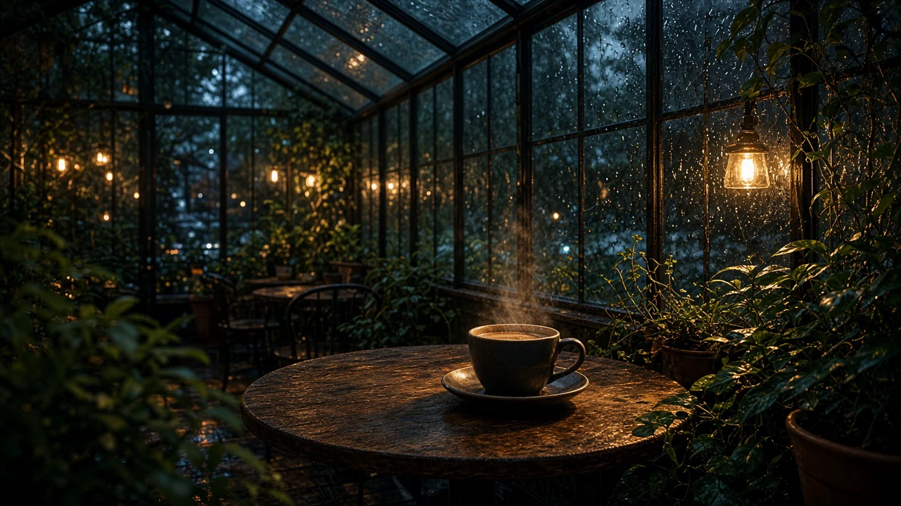 雨夜の温室カフェ
