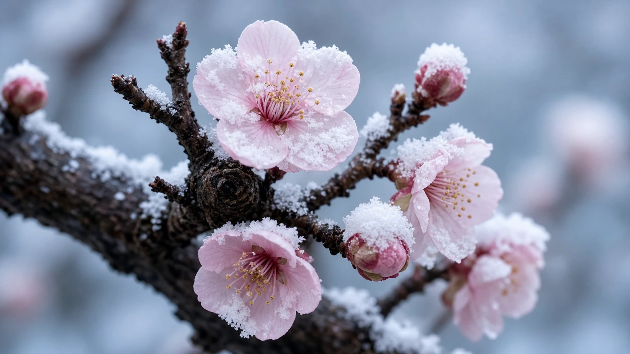 雪をかぶる梅の花