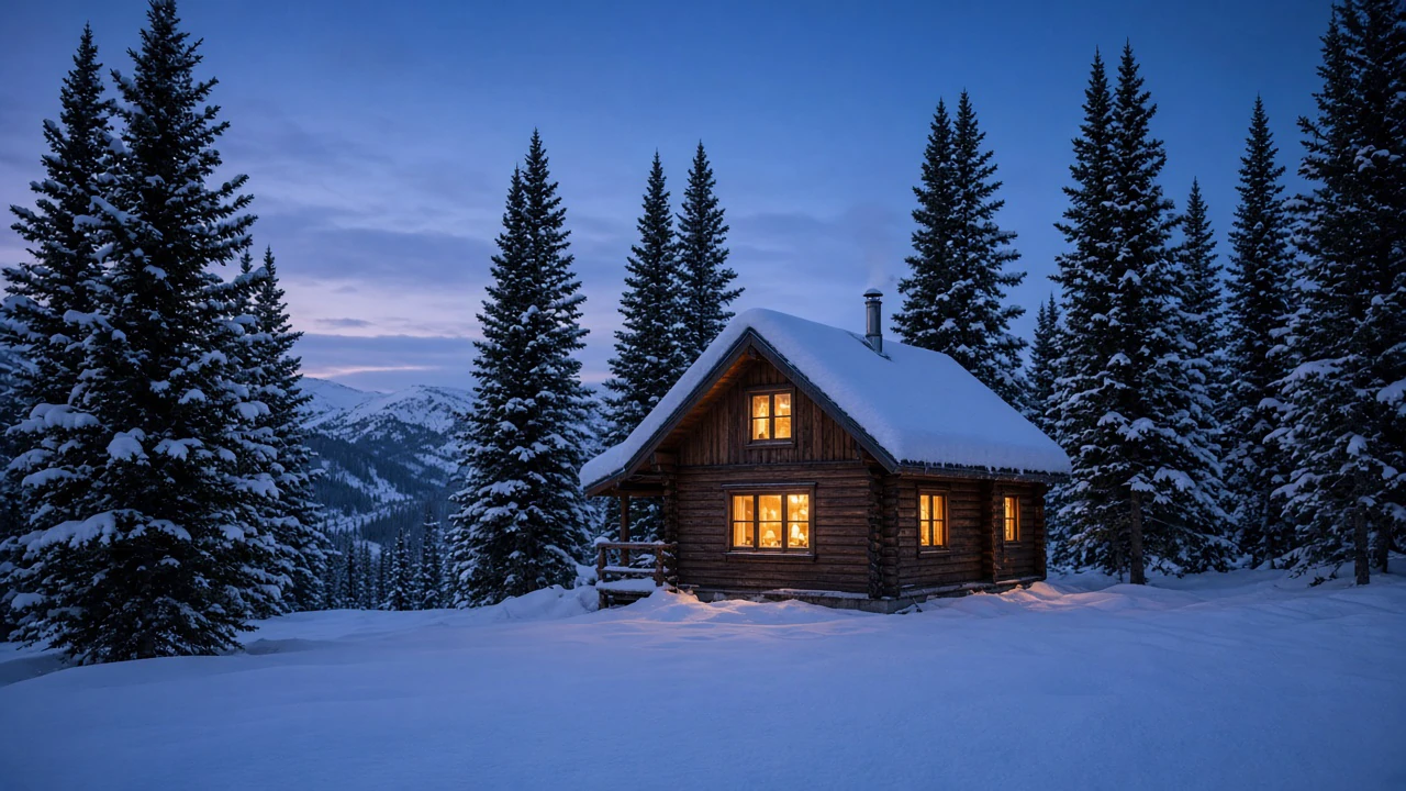 雪山の小屋の灯り