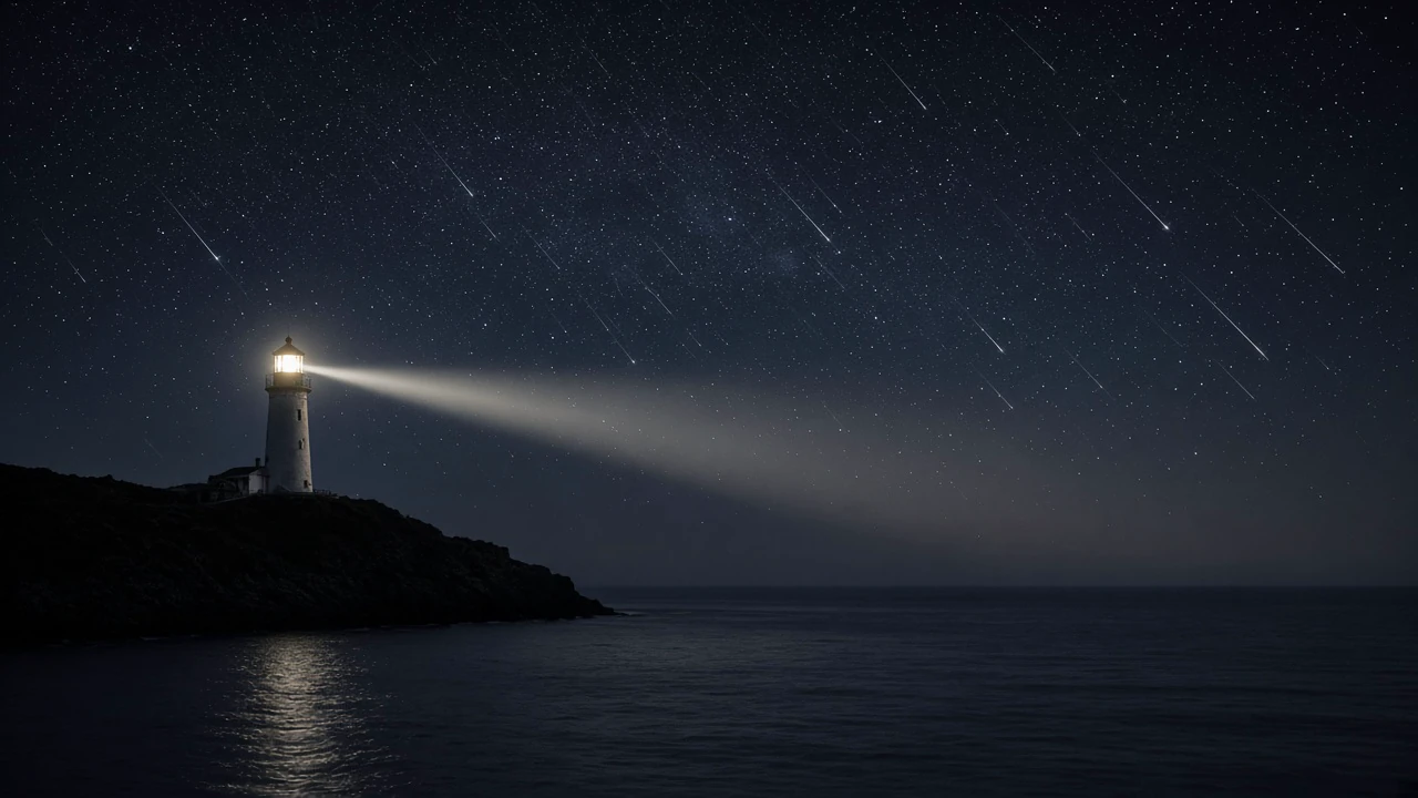 夜の灯台と流星群