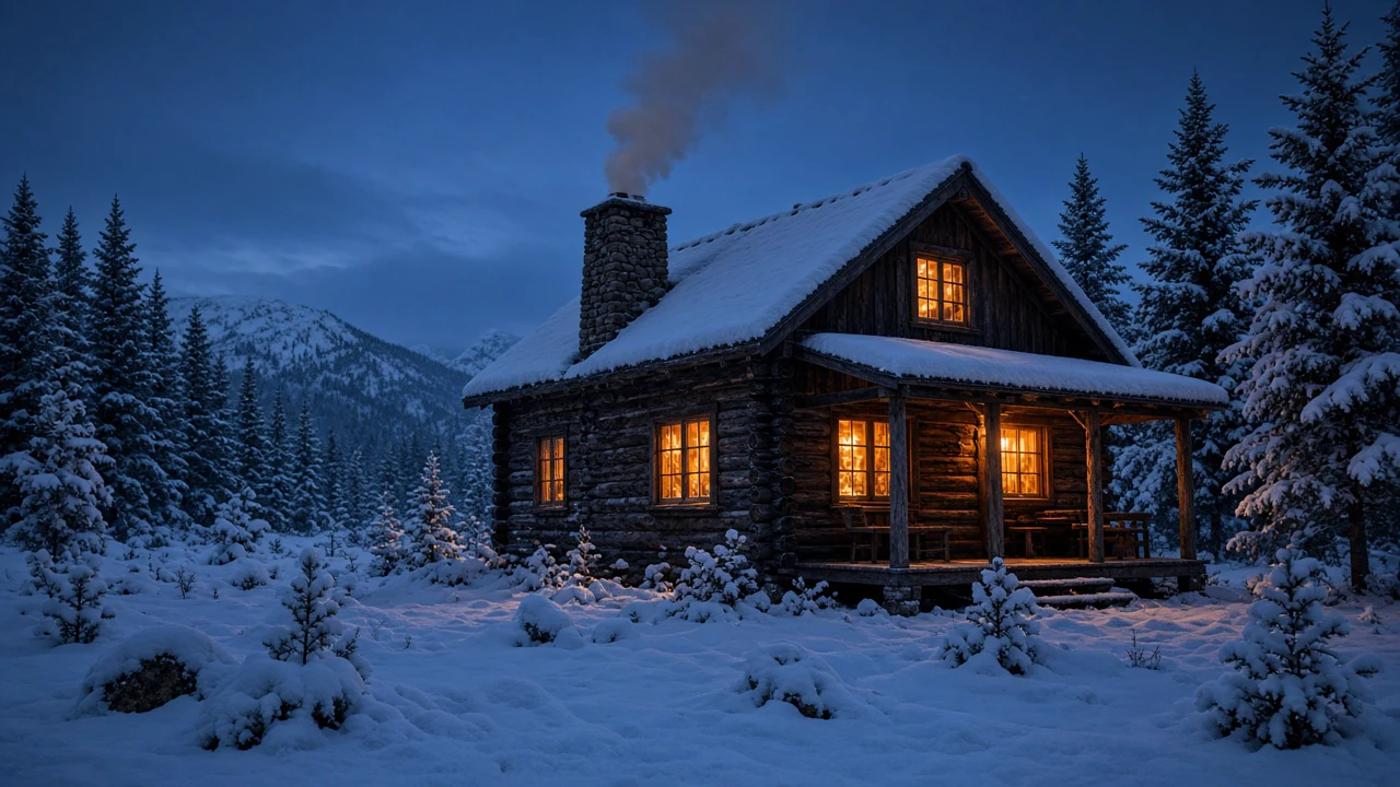 雪の山小屋の灯り