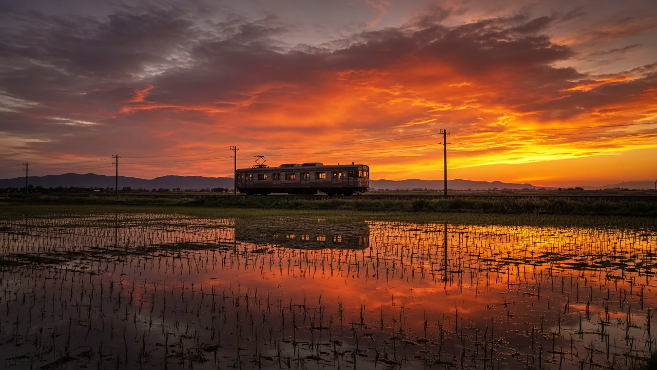 夕焼けの田園と電車