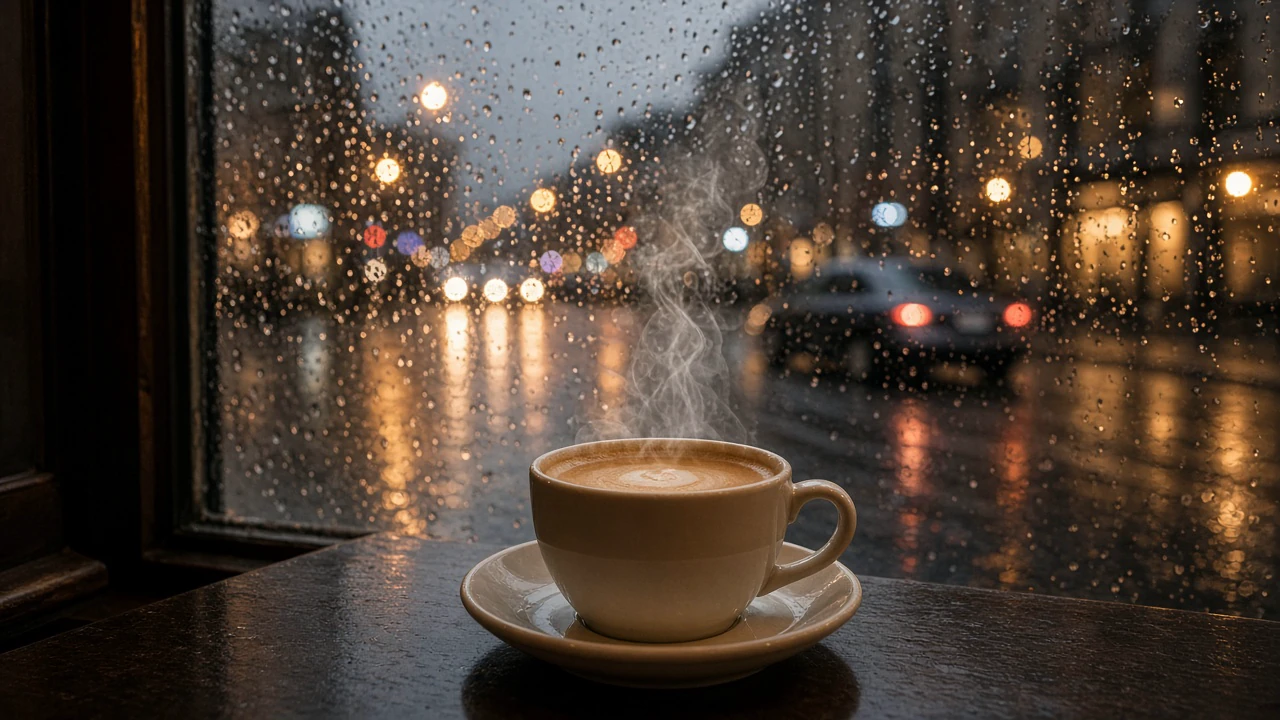 ガラス越しの雨の街
