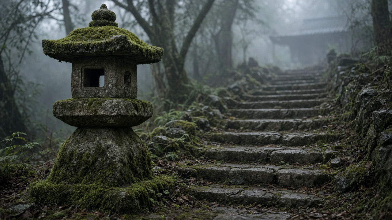 古い石段と苔の灯籠