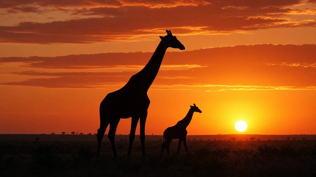キリンの親子と夕空