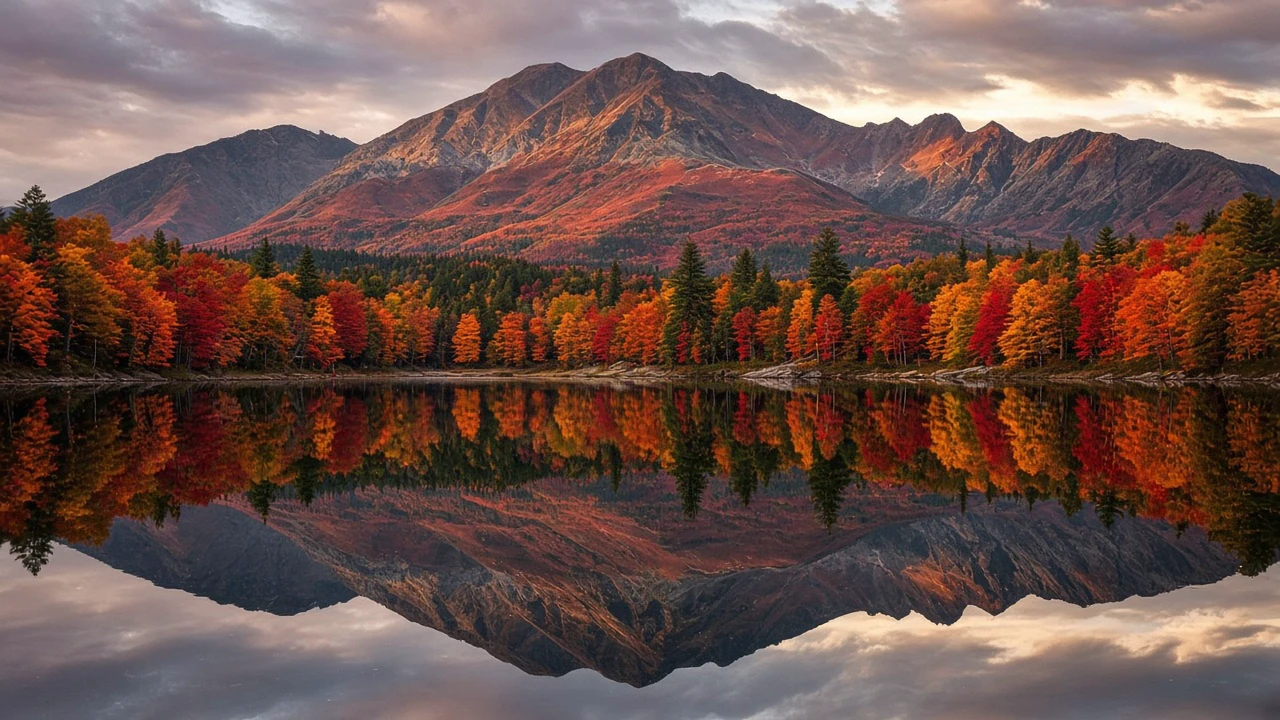 湖面に映る紅葉の山