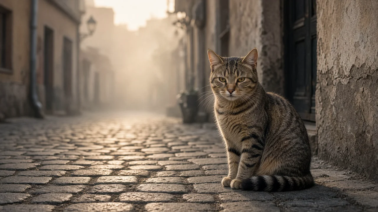 早朝の石畳と猫
