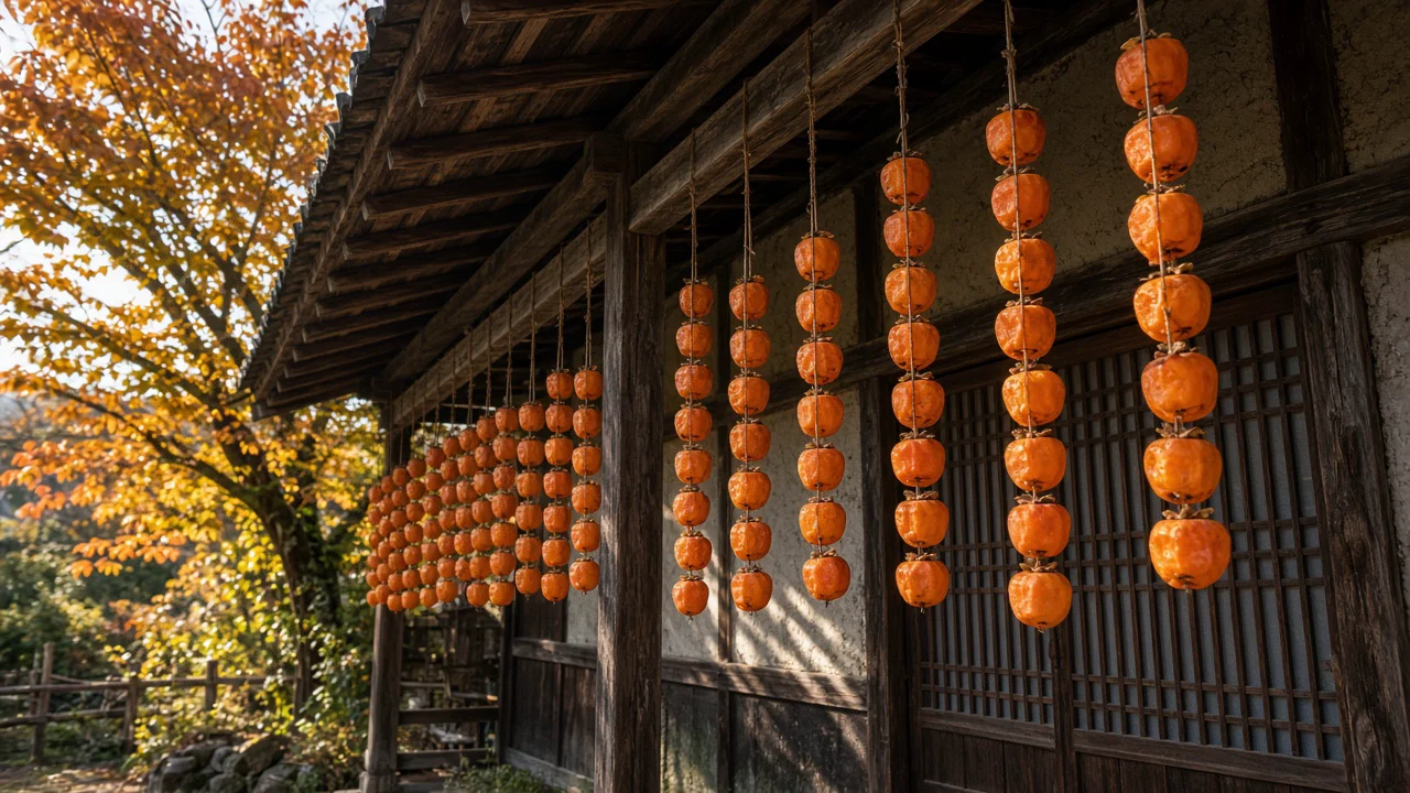 干し柿の並ぶ軒先