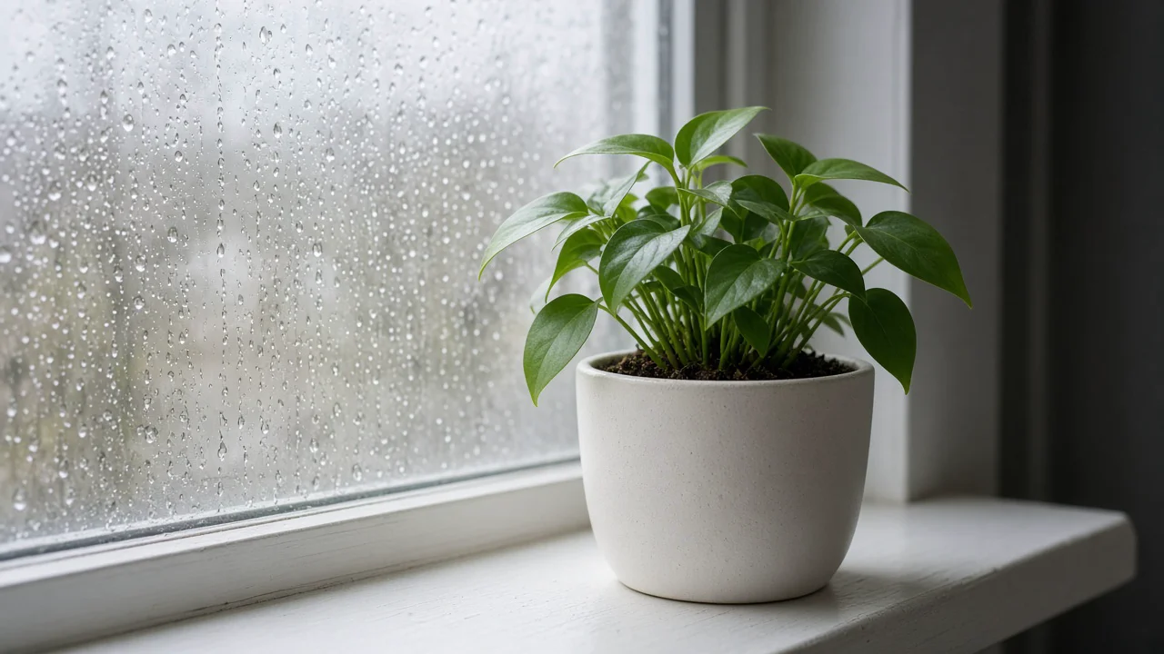 雨の窓辺の観葉植物