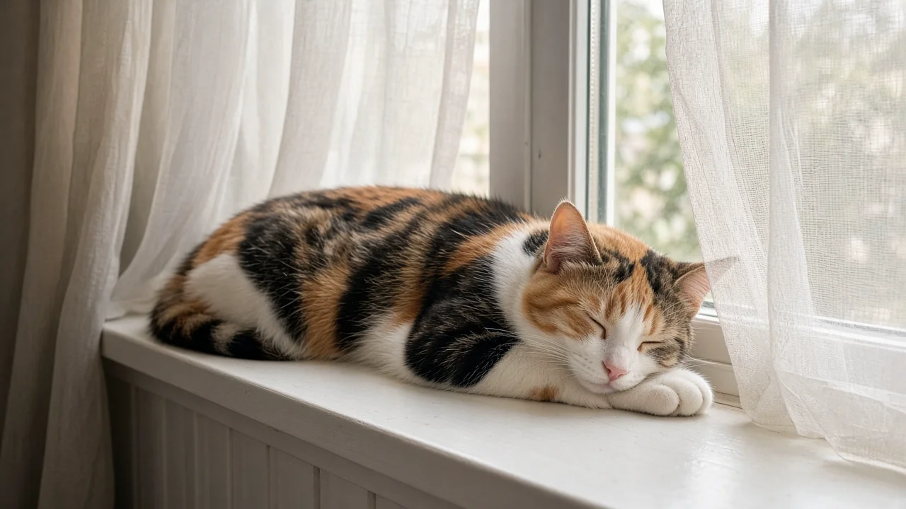窓辺で眠る三毛猫