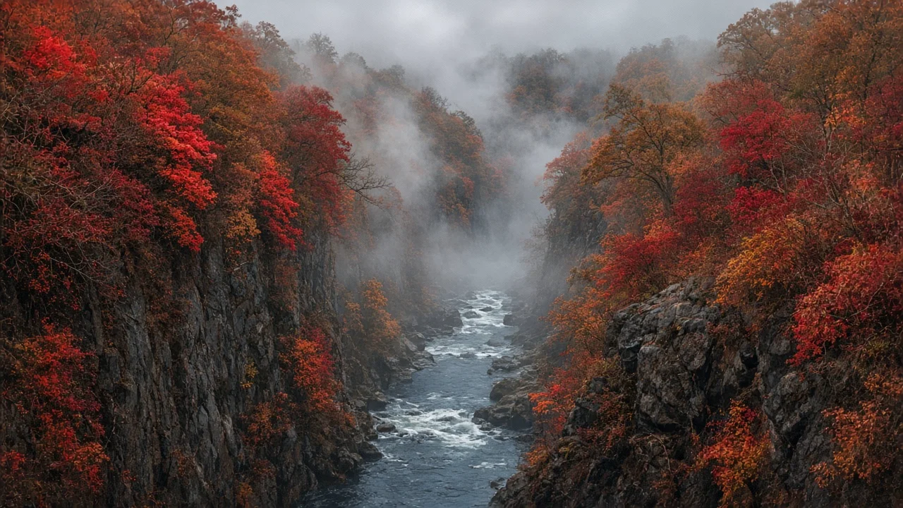紅葉に染まる渓谷