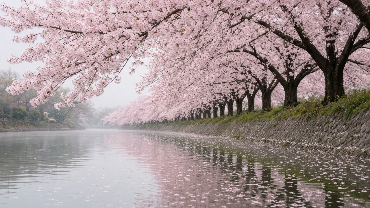 桜並木の川沿い