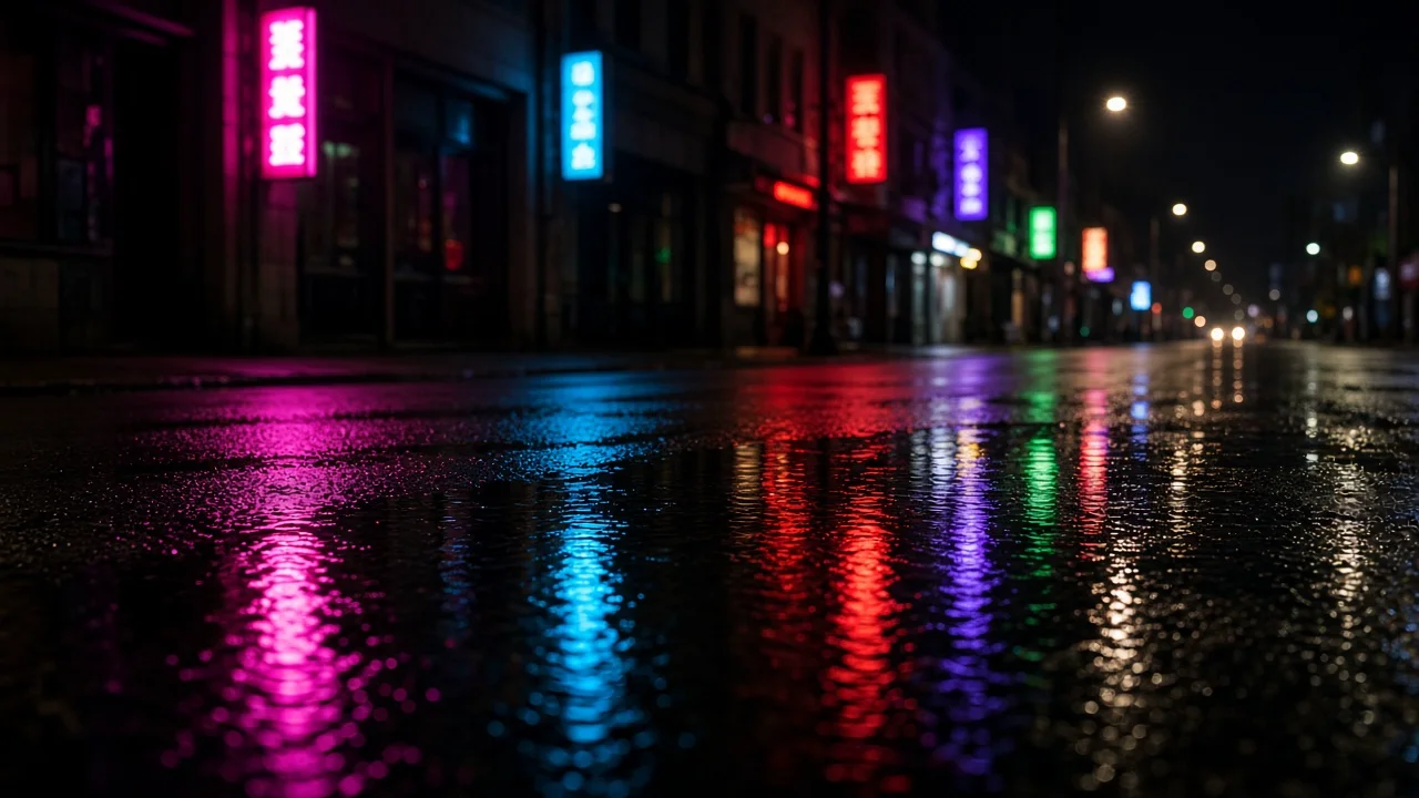 水たまりに映る夜の街