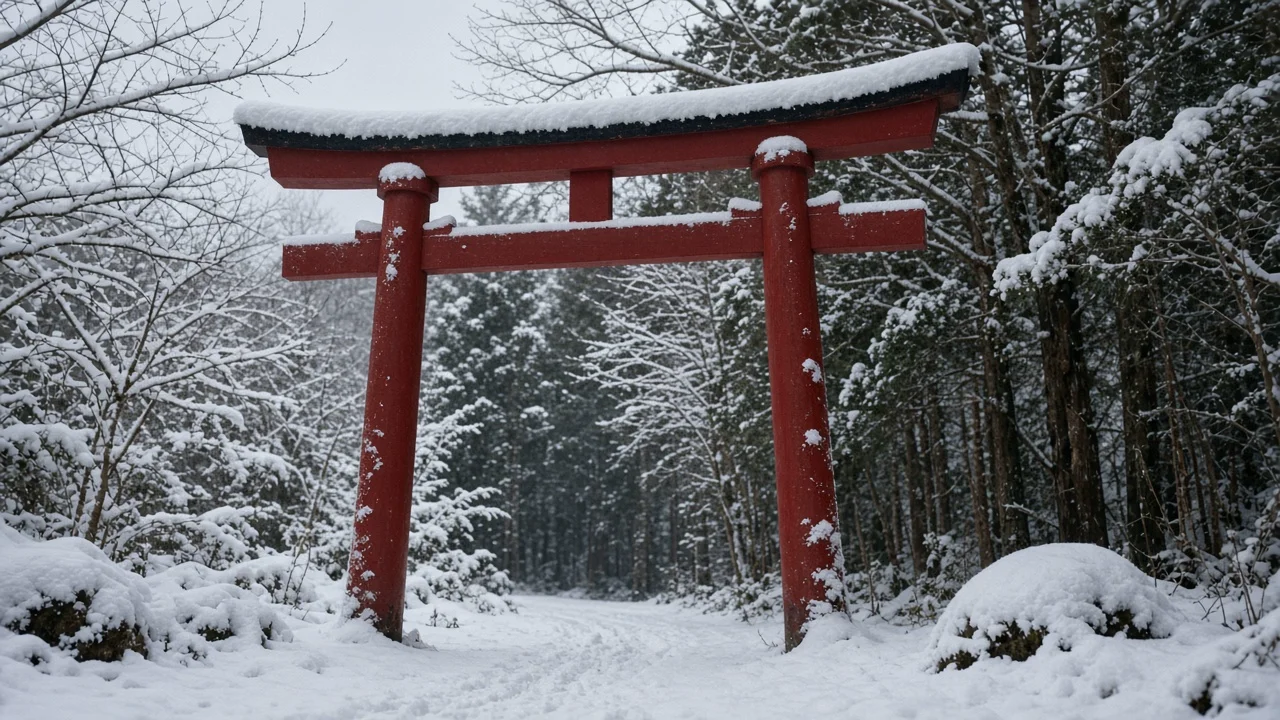 雪を被った赤い鳥居