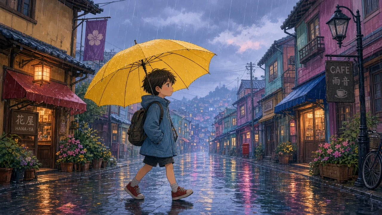 雨の街を行く傘の少年