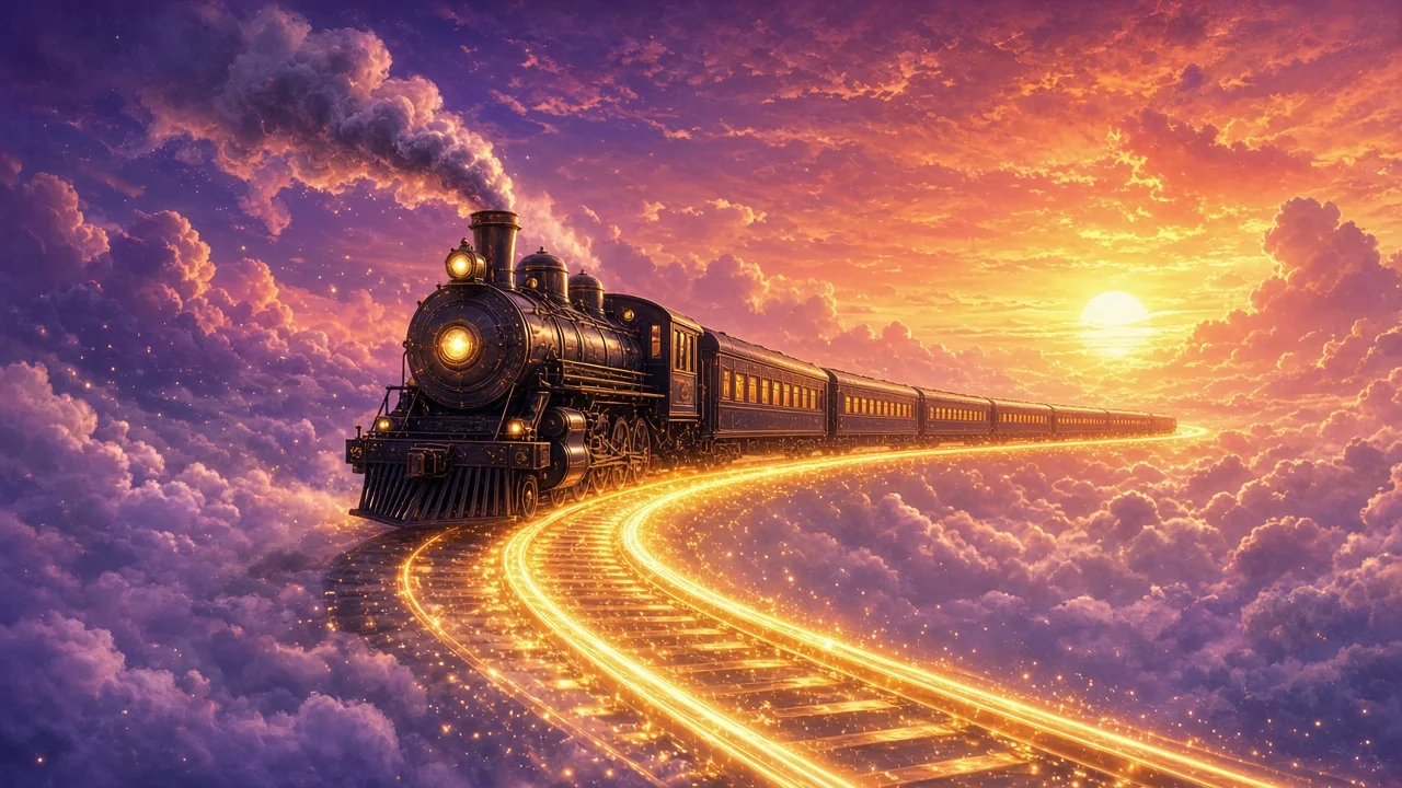 空飛ぶ列車と夕焼け雲